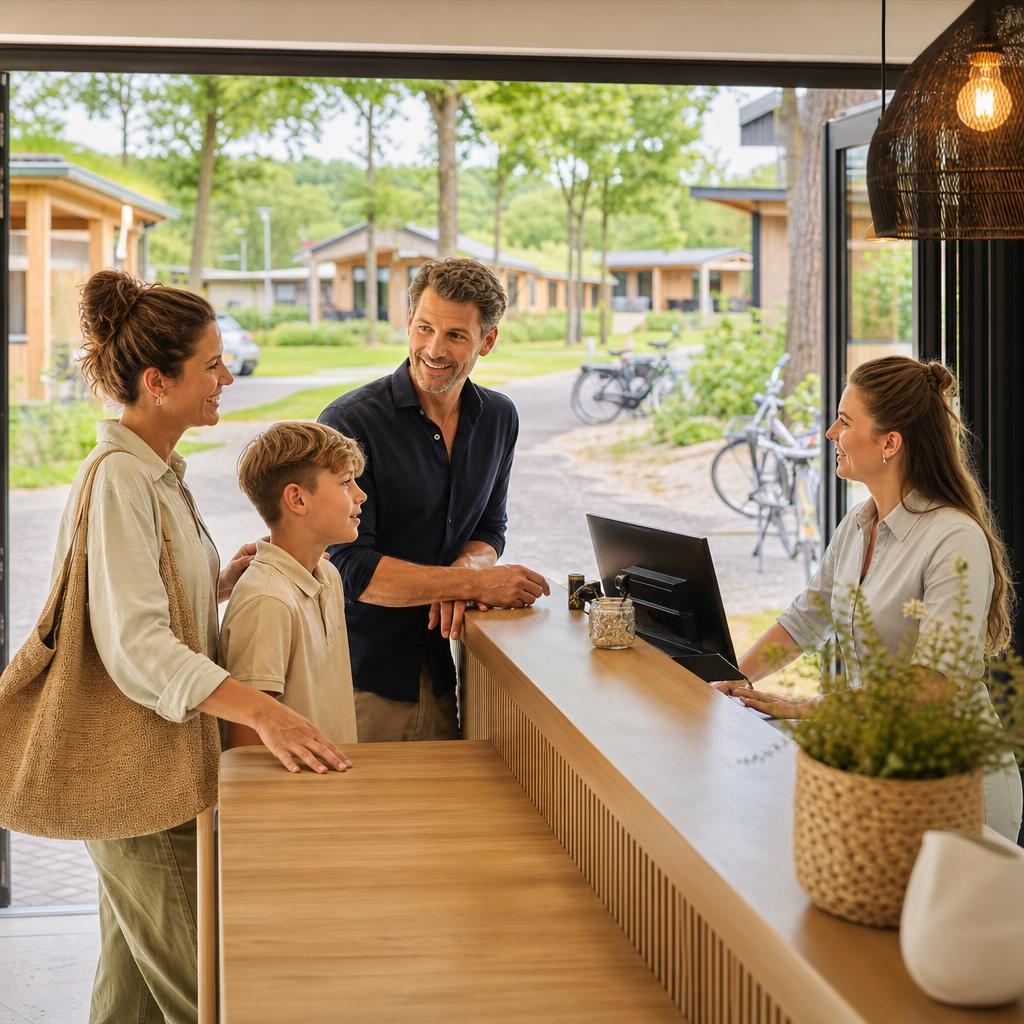 Receptionist verwelkomt gasten op een vakantiepark