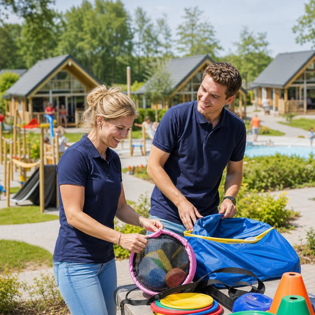 Recreatiemedewerkers bereiden buitenactiviteiten voor op een vakantiepark